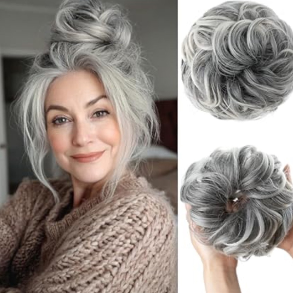 Elegant Gray Hair Large Messy Bun Extension